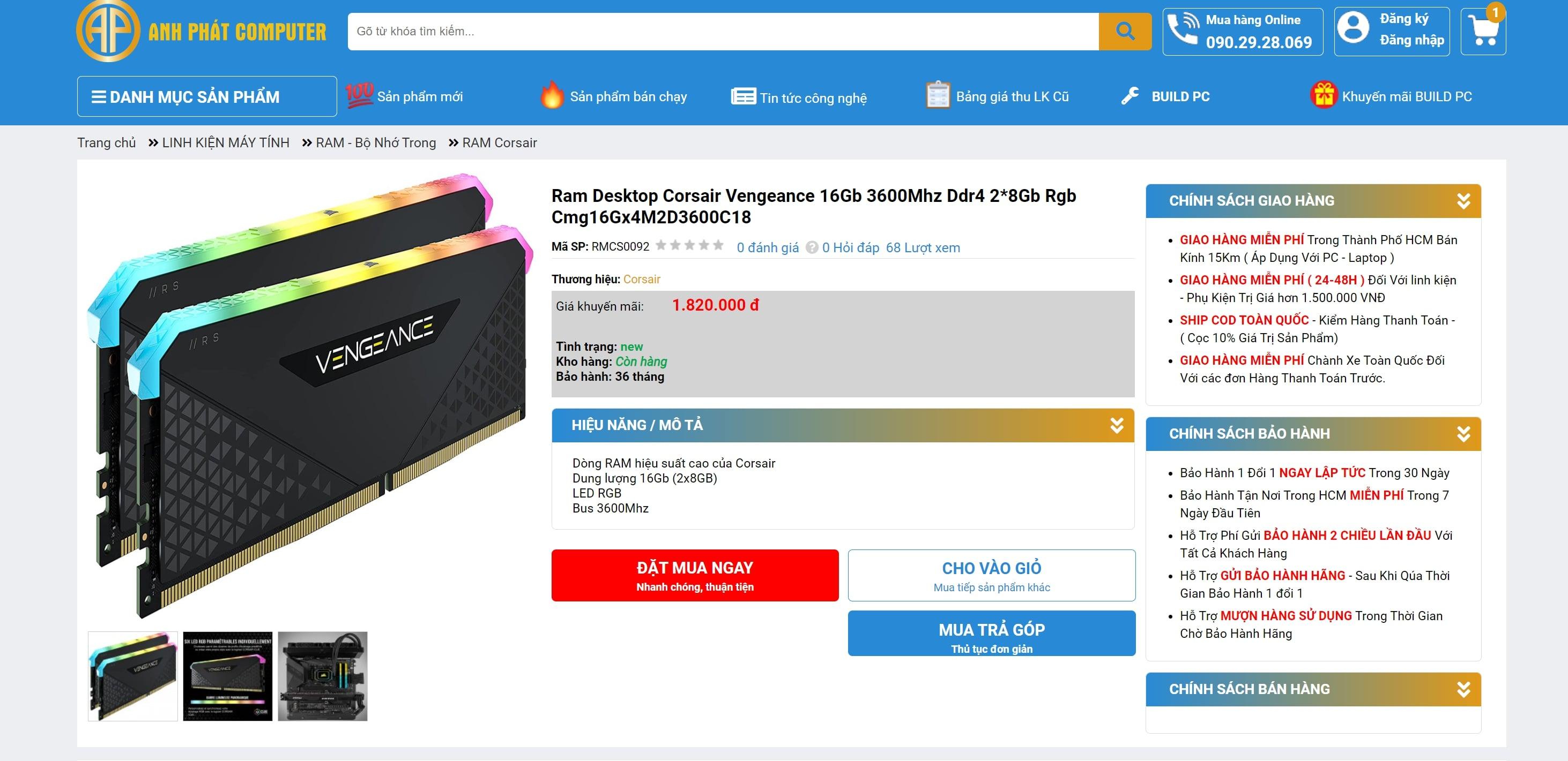 RAM Corsair Vengeance 16 GB phù hợp cho PC đồ họa tại Tin học Anh Phát